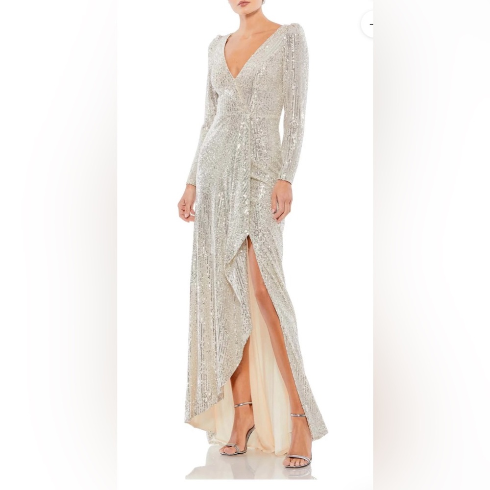 Mac Duggal IEENA Glittering Asymmetrical Long Silver Dress Women’s 12 26395 NEW